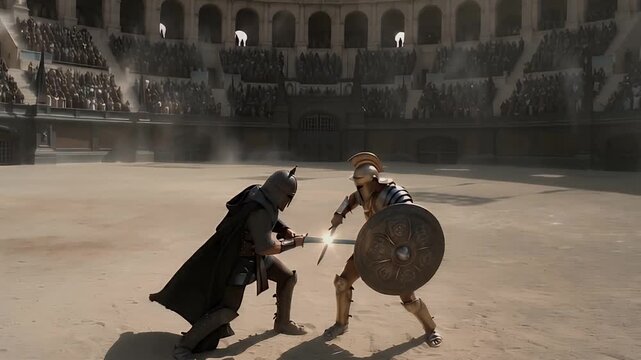 High Angle View Of Gladiators Clashing Swords In Ancient Colosseum Arena

