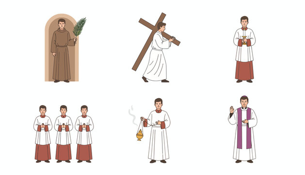 Catholic priest and monks illustrations, religious figures, christianity concept, faith background