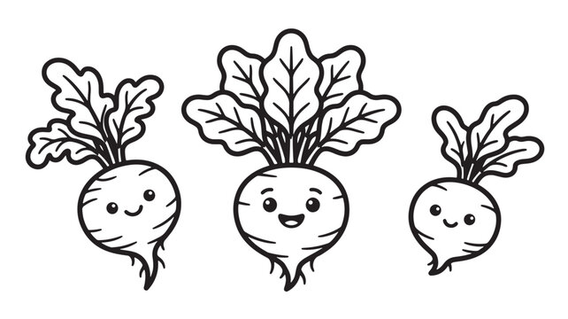 Turnips Cartoon Set with Smiling Faces and Leafy Tops Featuring Vegetables, Food, Illustration with Cute and Hand-Drawn Elements for Black and White,