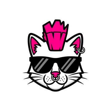 Punk rock cat character with sunglasses and pink mohawk