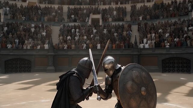 High Angle View Of Gladiators Clashing Swords In Ancient Colosseum Arena
