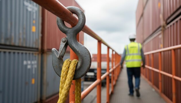 Industrial worker walking on cargo ship container bridge with hook and rope