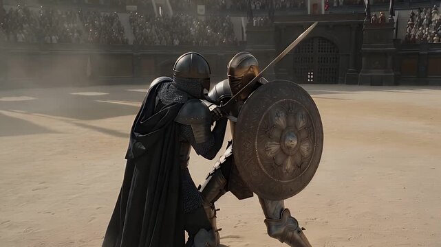 Epic Fantasy Knights Duel In Sunlit Amphitheater Cinematic Movie Sequence
