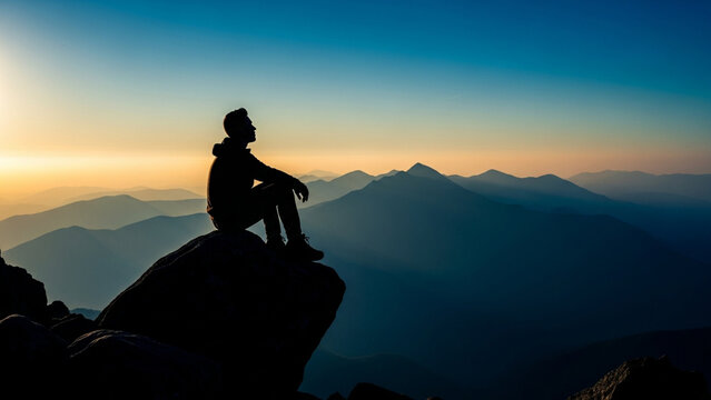 Silhouette of a Man Sitting on a Rocky Peak at Sunrise, Contemplating a Vast Mountain Range Landscape; Peaceful Golden Hour Atmosphere with Soft Morning Light, AI Generated