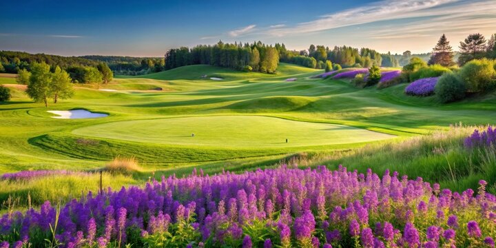 Serene golf course landscape at sunset, showcasing vibrant purple wildflowers bordering a lush green putting green and rolling fairways under a clear sky