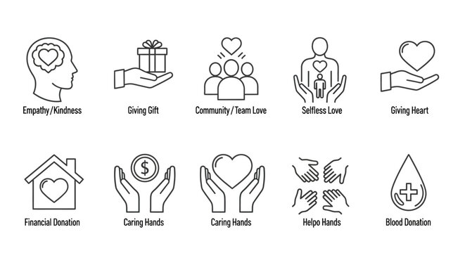 Line icons of charity and donation concepts, helping hands and hearts, giving and kindness