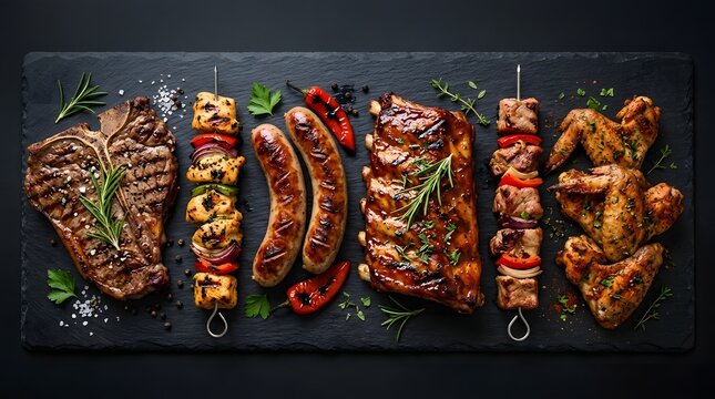 Grilled meats and vegetables on a slate board