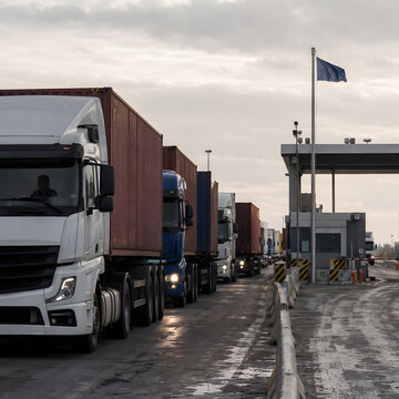 Realistic urban scene trucks awaiting inspection at cargo terminal from ground-level viewpoint