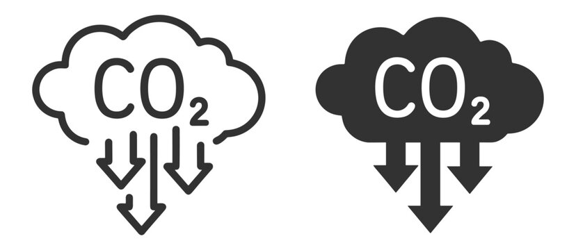 Carbon emission CO2 icon with cloud and environmental reduction arrows on transparent background