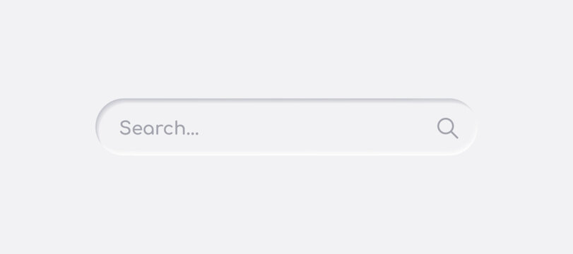 Neumorphism interface search bar with magnifying glass icon. White button element for UI UX websites and apps. Minimalist interface design. Vector illustration