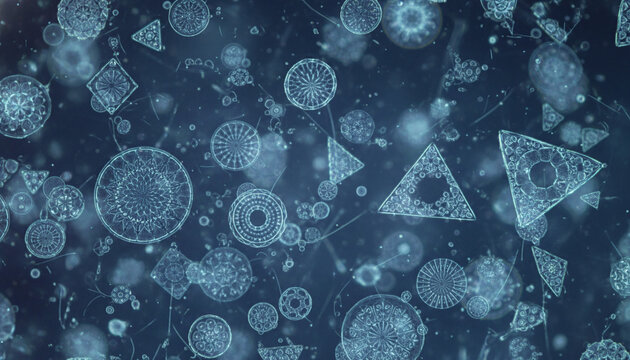 Microscopic macro of Diatom silica shells with geometric glass like mandala shapes