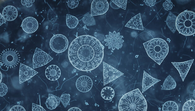 Microscopic macro of Diatom silica shells with geometric glass like mandala shapes