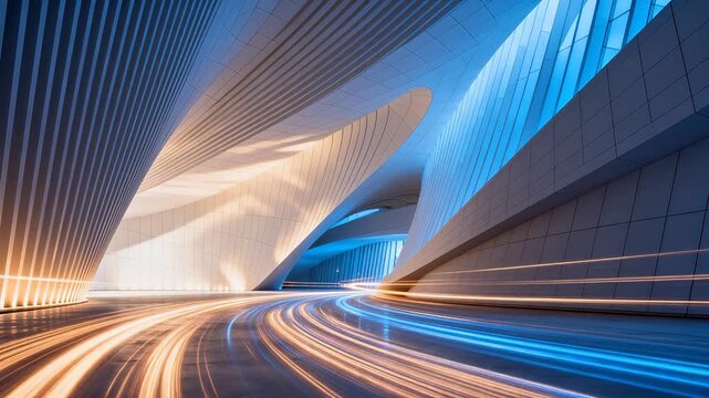 Futuristic building interior with curved walls and vehicle light trails on floor