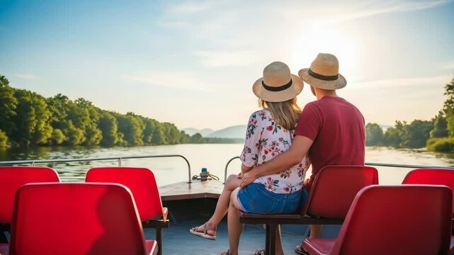 Couple enjoying a serene boat ride at sunset by the river
