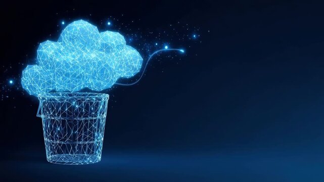 A glowing, polygonal cloud bursts out of a low-poly trash can, symbolizing digital data disposal or deletion with a futuristic. ..Created with Generative AI, not depicting real subjects.