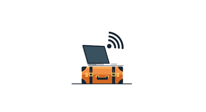 Orange luggage with open laptop wireless.