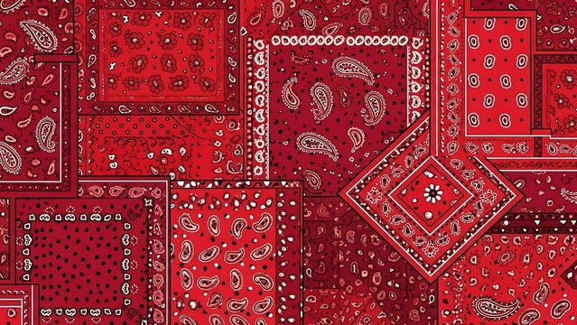 Red bandana patchwork pattern with paisley and floral motifs