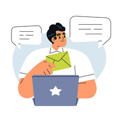 Naklejka na ściany i meble Sending email messages. Online communication, internet correspondence, e-mail marketing concept. Business man at laptop computer, digital mail. Flat vector illustration isolated on white background