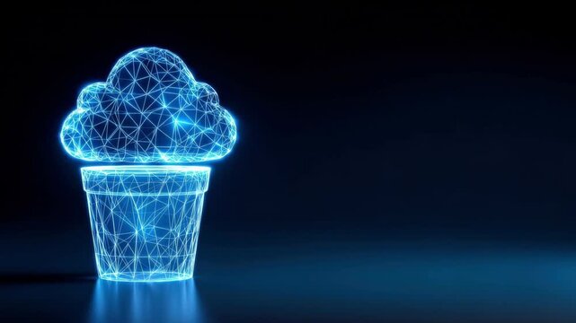 A glowing blue 3D wireframe of an ice cream cone stands out against a dark background. ..Created with Generative AI, not depicting real subjects.