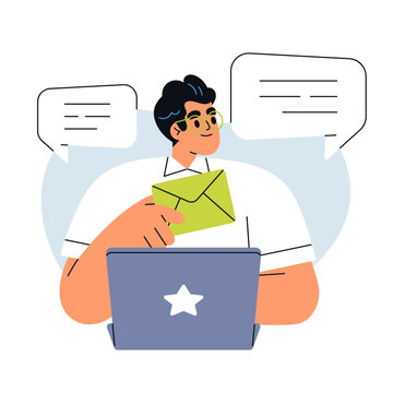 Sending email messages. Online communication, internet correspondence, e-mail marketing concept. Business man at laptop computer, digital mail. Flat vector illustration isolated on white background