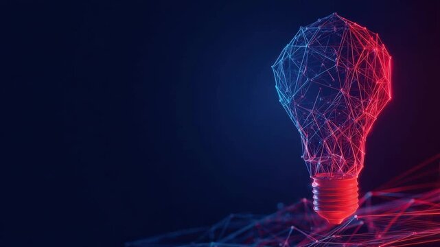 A glowing, futuristic lightbulb rendered in a network of interconnected lines and nodes. ..Created with Generative AI, not depicting real subjects.