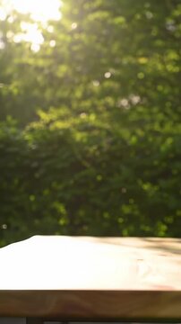 Pristine, light-toned natural wood dining table, clean and polished, set in a sun-drenched park with lush foliage, dappled sunlight, and golden hour glow. Concept for product placement and branding.
