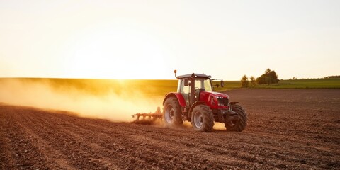 Obraz premium The Tractor in Sunset Field Plowing Soil with Dust Trail