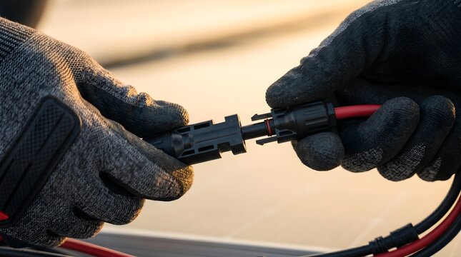 Close-up of gloved hands connecting solar panel cable with MC4 connector outdoors at sunset