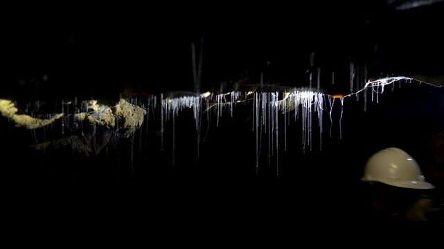 Tourist pass through glowworm silk threads inside Waitomo Cave in New Zealand.