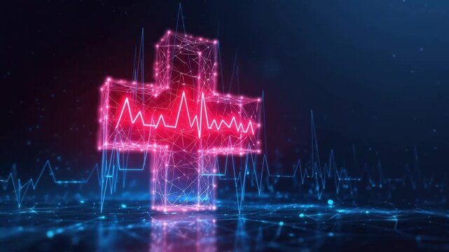 Digital representation of a glowing red cross with a pulsating electrocardiogram (ECG) line forming its core. ..Created with Generative AI, not depicting real subjects.