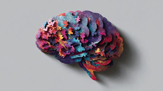 Layered purple and blue jigsaw puzzle brain profile.