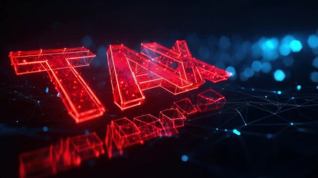 A glowing red 3D rendering of the word TAX illuminates a dark, abstract background with blue bokeh lights and digital network connections. ..Created with Generative AI, not depicting real subjects.