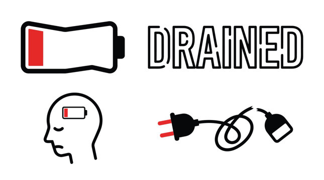 Illustrative depiction of various symbols representing exhaustion, low energy, and being drained, including a low battery, a broken plug, and mental fatigue.