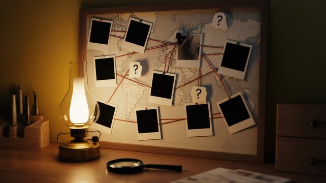 Investigation board with world map, photos, and red string connections on wooden desk with lantern