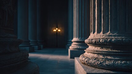 Naklejka premium Long hall of columns with warm distant light.