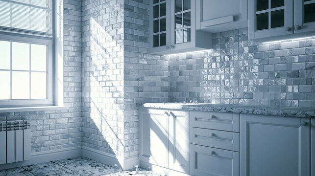 Bright renovated kitchen interior with white cabinetry and sunlight