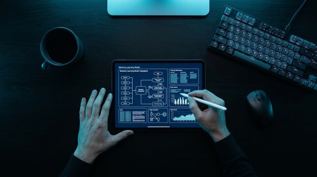 Developer Hands Using Tablet and Stylus to Analyze Machine Learning Data on Dark Desk