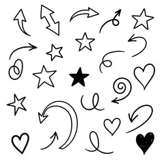 Fototapeta premium Hand-drawn doodle set: arrows, stars, hearts, and swirls on white.