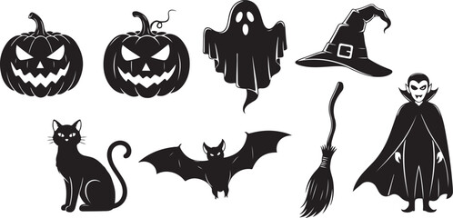 Fototapeta premium Halloween icons, black silhouette set, spooky symbols, 7 vector graphics