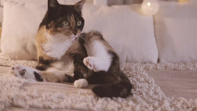 Calico cat sitting on soft beige blanket with white pillows, glowing string lights background, feline curiosity, cozy home atmosphere, charm pet companionship lifestyle, Modern pet-friendly interior