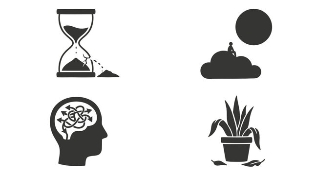 A collection of four abstract icons depicting concepts of time, mental complexity, nature's cycle, and ethereal elements.