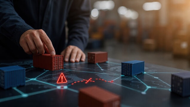 supply chain management logistics risk management. Person managing a digital supply chain network with shipping containers and alert symbols on a virtual interface.