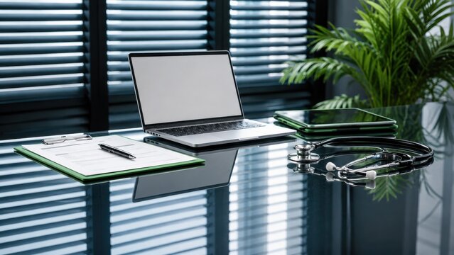 Modern doctors office desk with laptop, stethoscope, and medical clipboard for healthcare consultations.