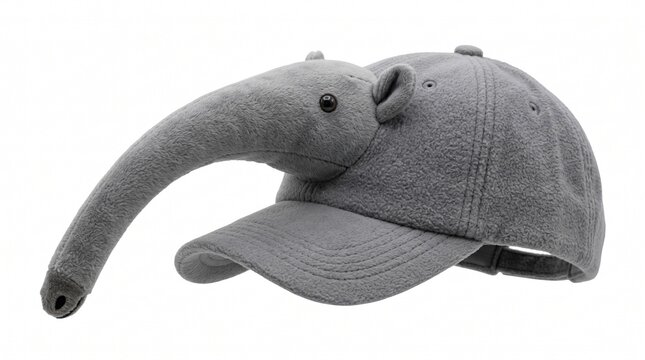 A grey plush anteater novelty baseball cap isolated on white background