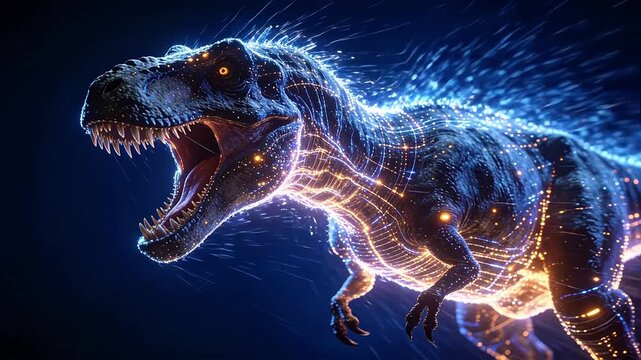 Futuristic dinosaur with glowing blue and orange circuit lines in dark scene
