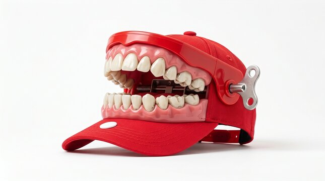 A surreal red baseball cap with mechanical chattering teeth isolated on white background
