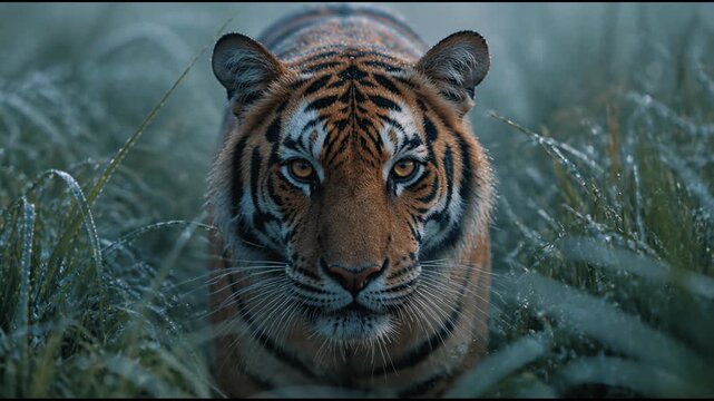 A majestic tiger stares intensely from within a dense dew covered meadow as it stalks through the wet grass in the early morning mist, perfect for nature documentaries and wildlife stories.