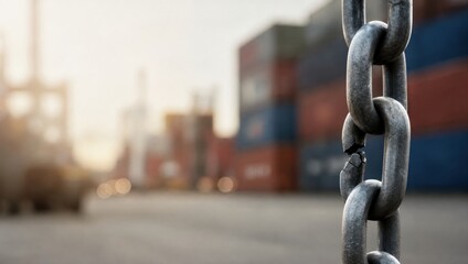 Naklejka premium supply chain management logistics risk management. Close-up of a heavy metal chain with blurred shipping containers in the background at a port.