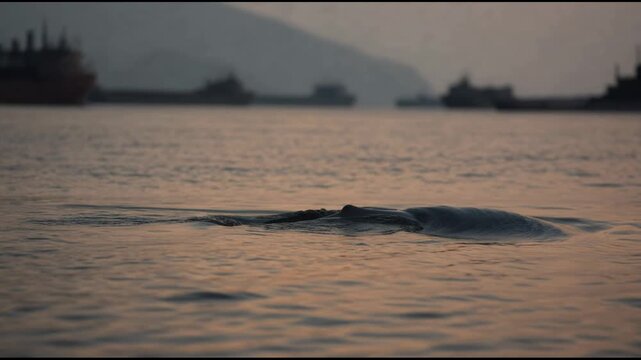 A majestic whales dorsal fin glides smoothly through the calm dark water of an industrial harbor at sunset, creating gentle ripples against a backdrop of distant cargo ships and mountains.
