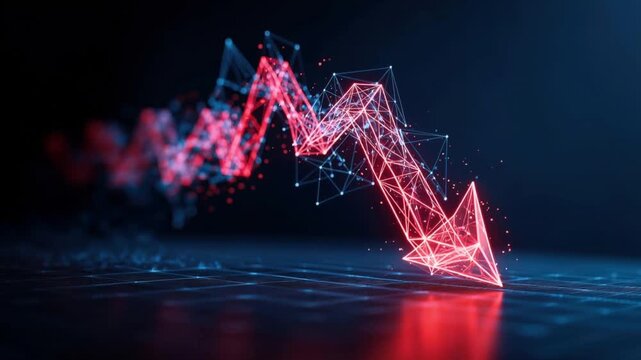 A glowing red downward arrow graph formed from interconnected lines and particles, signifying financial decline and a market crash. ..Created with Generative AI, not depicting real subjects.
